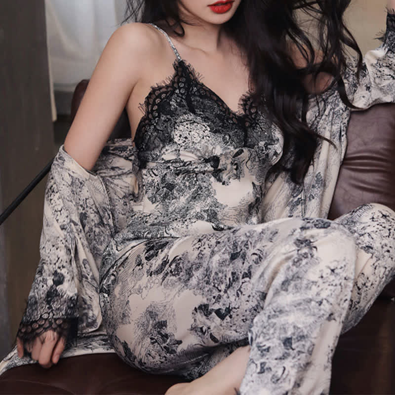 Elegant Black Floral Lace Camisole Robe Set(3PCS) - image 4