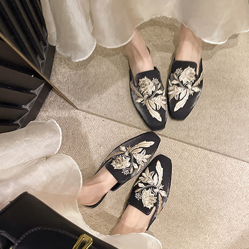 Elegant Floral Embroidery Pointed-Toe Mules - Black - 2XL - image 2