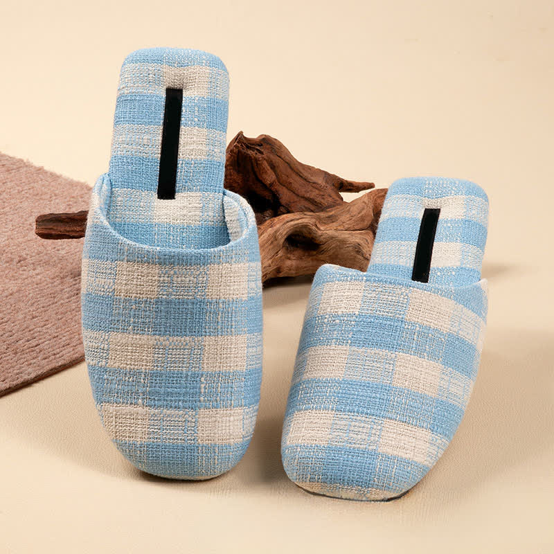 Chic Plaid Cotton-Linen Anti-Slip Slippers - Blue - L - image 10