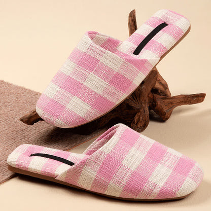 Chic Plaid Cotton-Linen Anti-Slip Slippers - Pink - L - image 5