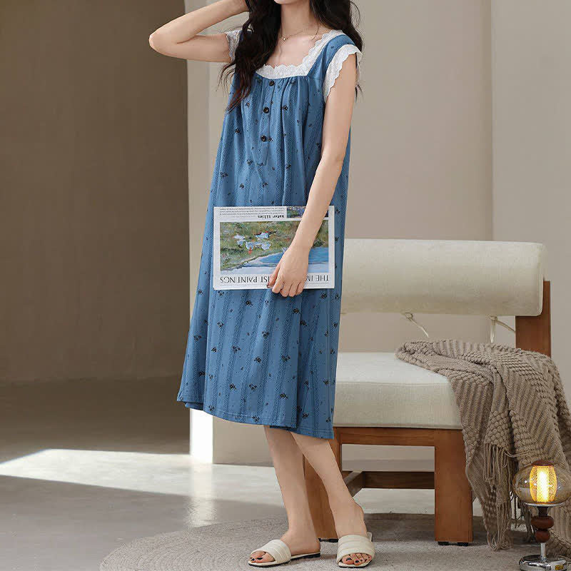 Striped Floral Cotton Lace Sleeveless Nightgown - image 3