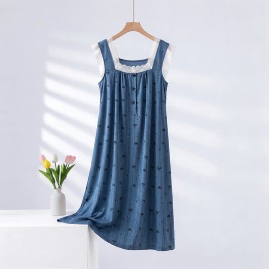 Striped Floral Cotton Lace Sleeveless Nightgown - Blue - 2XL - image 0