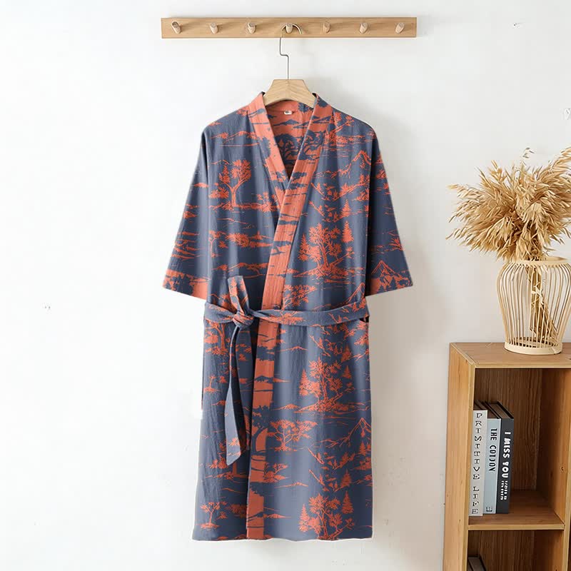 Unisex Mountain & Tree Cotton Gauze Kimono Robe - image 2