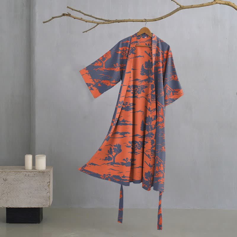 Unisex Mountain & Tree Cotton Gauze Kimono Robe - Navy - XL - image 0