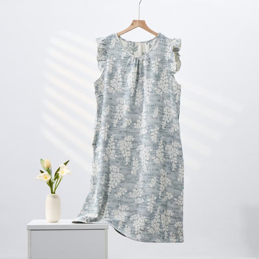 Elegant Botanical Pure Cotton Sleeveless Nightgown - Blue - XL - image 0