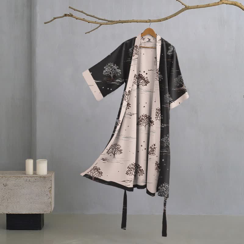 Unisex Charcoal Tree Cotton Kimono Robe - Grey - XL - image 0