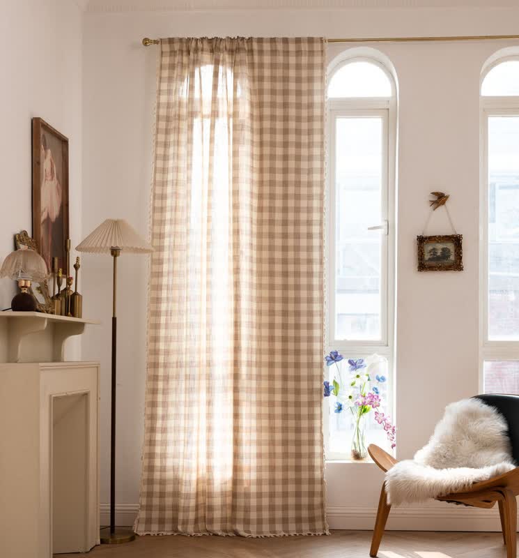 Country Style Grid Curtain with Tassels - Khaki - 55" x 118" - image 29