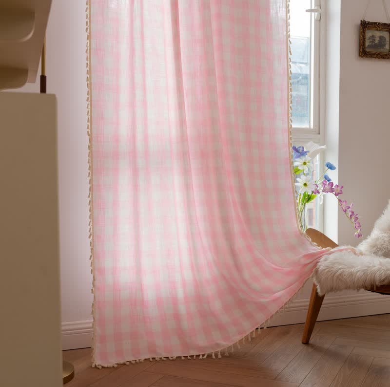Country Style Grid Curtain with Tassels - image 1