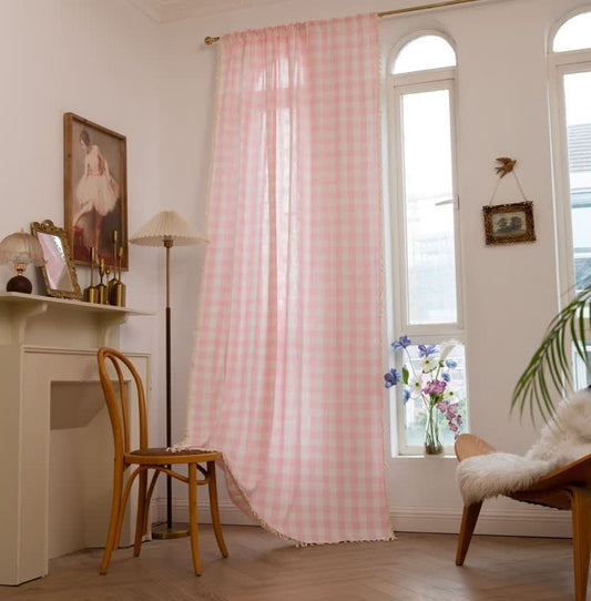Country Style Grid Curtain with Tassels - Pink - 55" x 118" - image 0