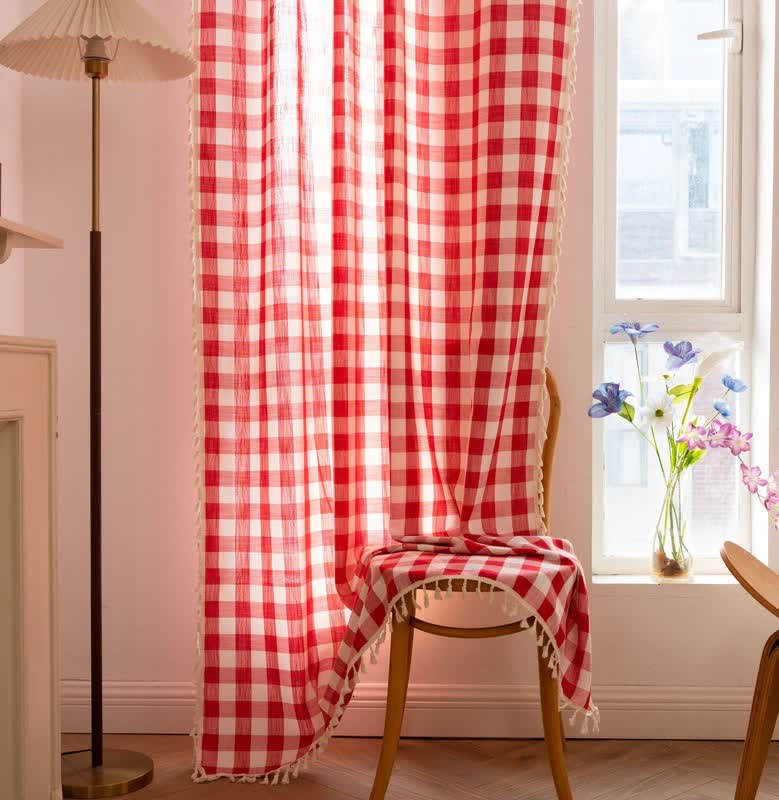 Country Style Grid Curtain with Tassels - image 24