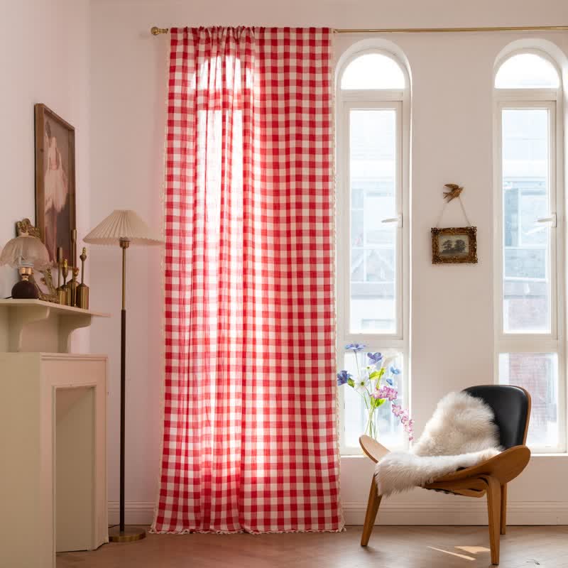 Country Style Grid Curtain with Tassels - Red - 55" x 118" - image 23