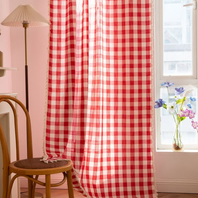 Country Style Grid Curtain with Tassels - image 26