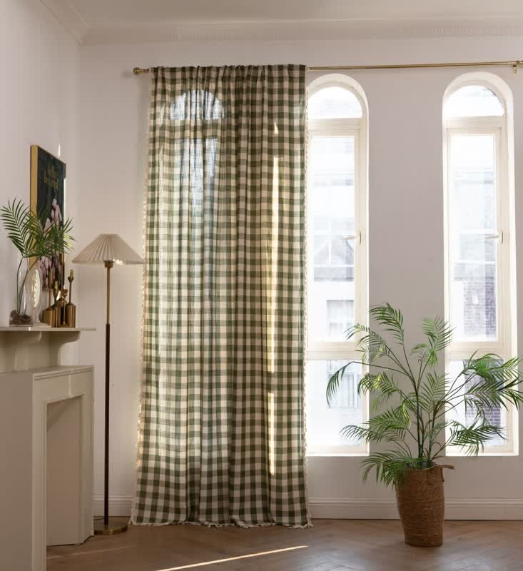 Country Style Grid Curtain with Tassels - Dark Green - 55" x 118" - image 4