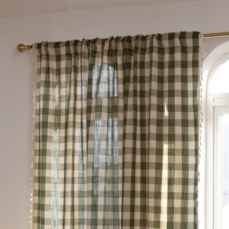 Country Style Grid Curtain with Tassels - image 9