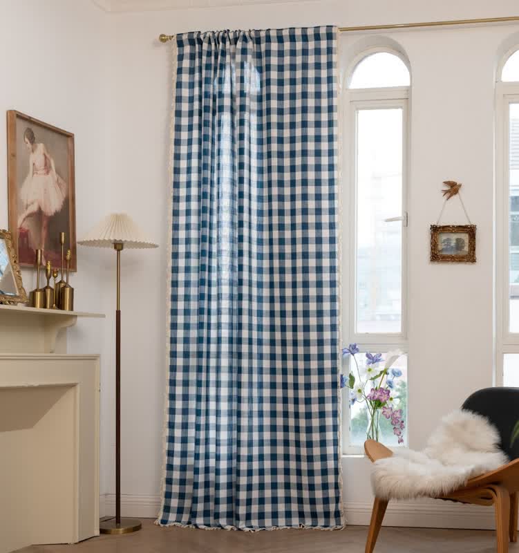 Country Style Grid Curtain with Tassels - Navy Blue - 55" x 118" - image 18