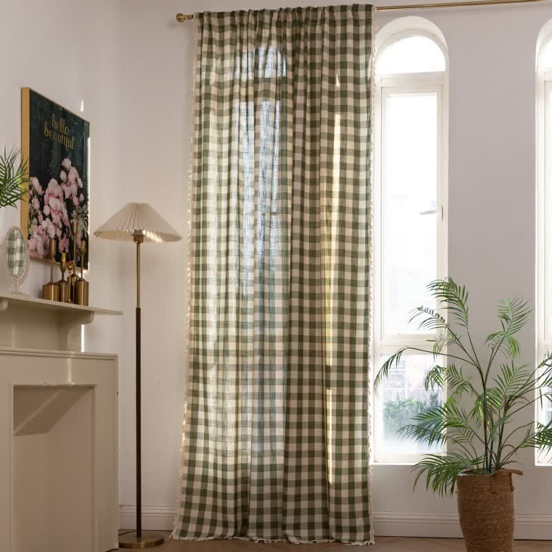 Country Style Grid Curtain with Tassels - image 6