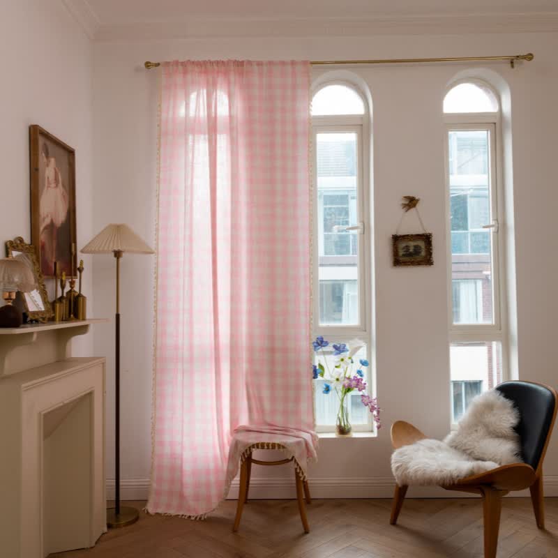 Country Style Grid Curtain with Tassels - image 2