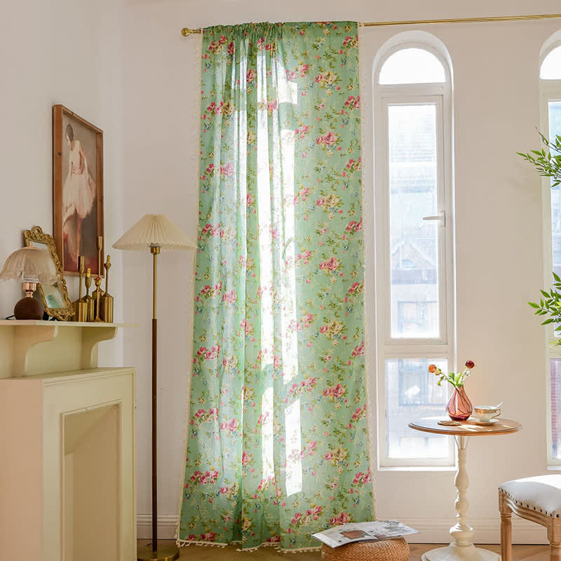 Rustic Green Rose Curtain with Tassel - image 2