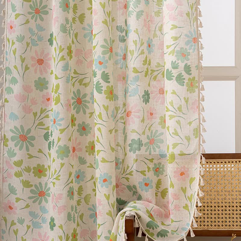 Daisy & Leaf Print Curtain With Tassel - image 3