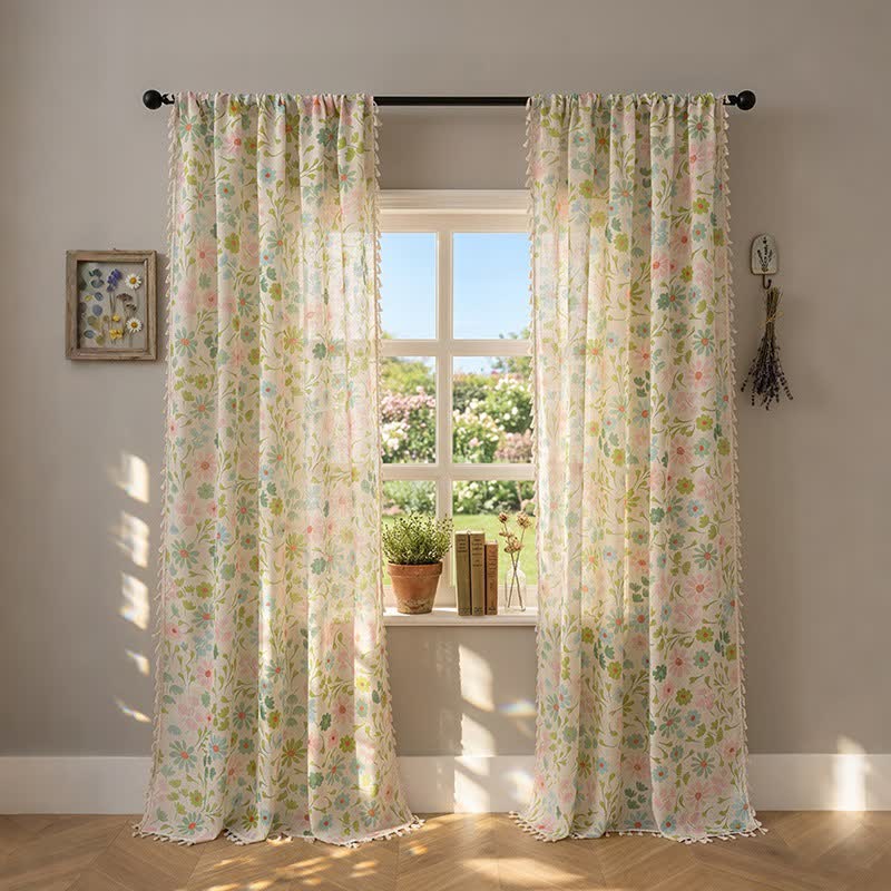 Daisy & Leaf Print Curtain With Tassel - 52" x 95" - image 0
