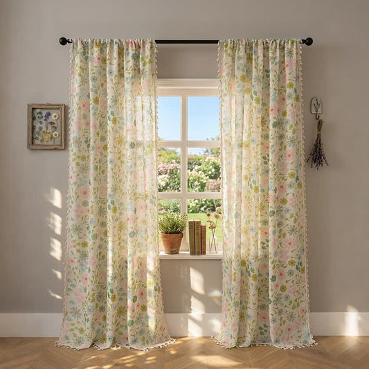 Daisy & Leaf Print Curtain With Tassel - 52" x 95" - image 0