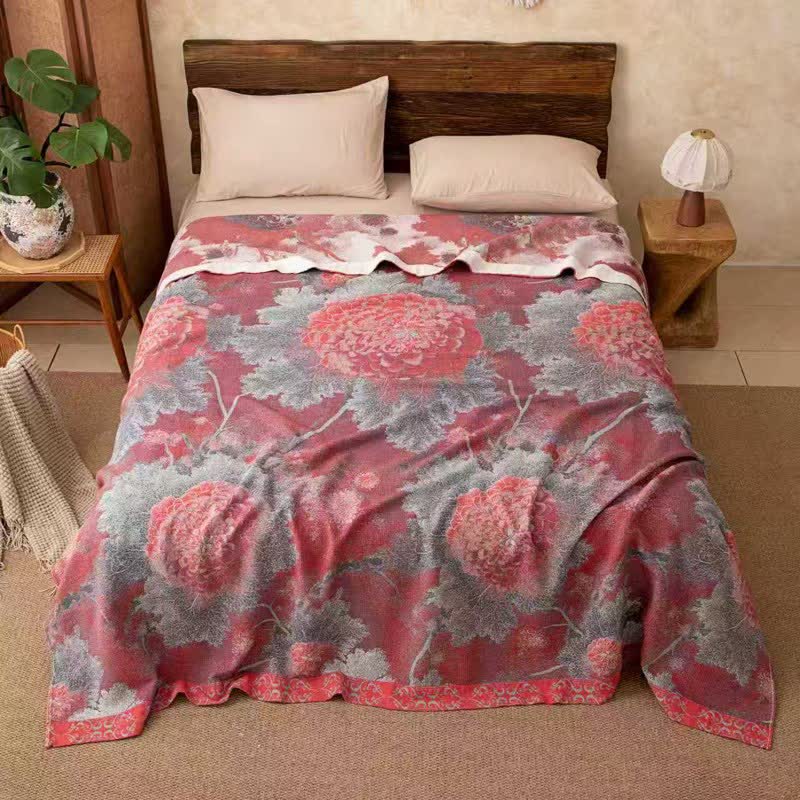 Rustic Floral Reversible Cotton Gauze Blanket - Red - 86"W x 94"L - image 0