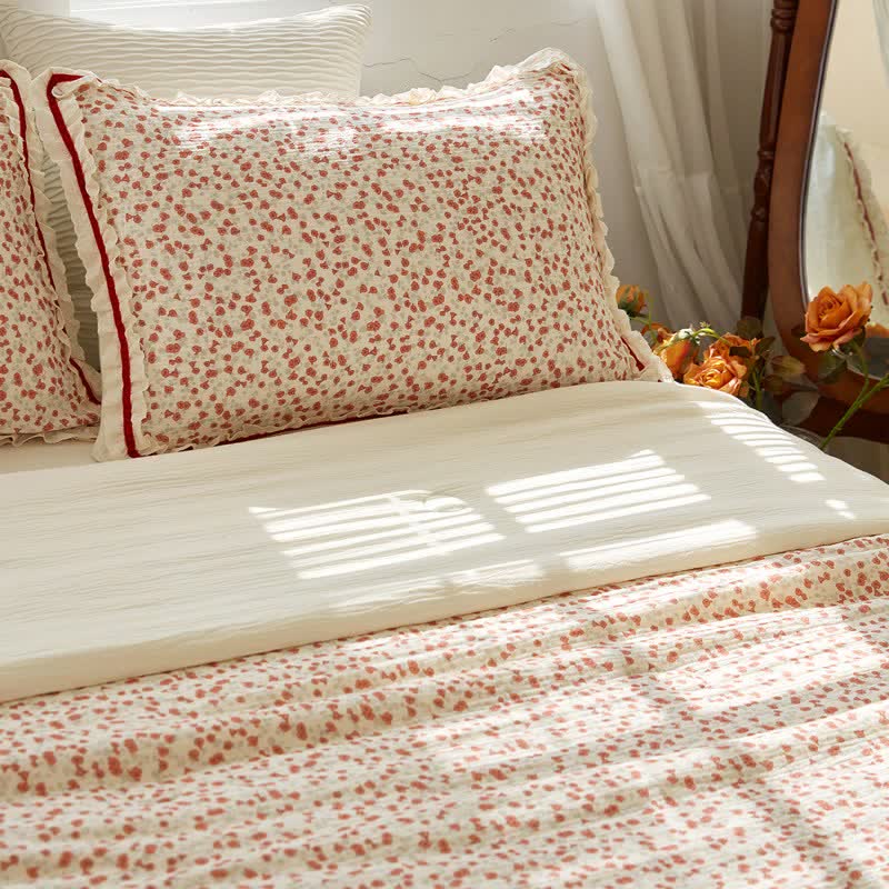 Red Floral Ruffled Cotton Gauze Quilt - 2PCS Pillowcases - 19" x 29" - image 6