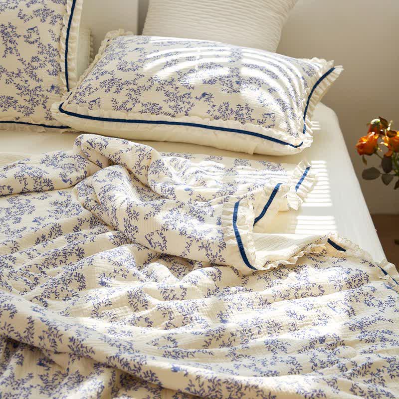 Blue Leaf Ruffled Cotton Gauze Quilt - image 7