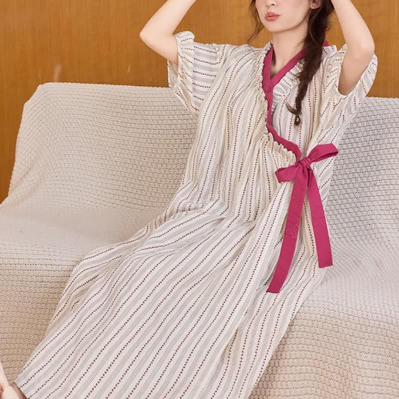 Polka Dot Striped Ruffled Side-tie Nightgown - image 1