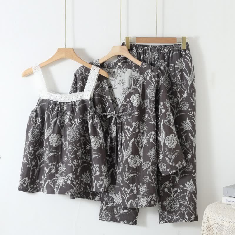 Floral Pure Cotton 3-Piece Pajama Set - Dark Grey - L - image 12
