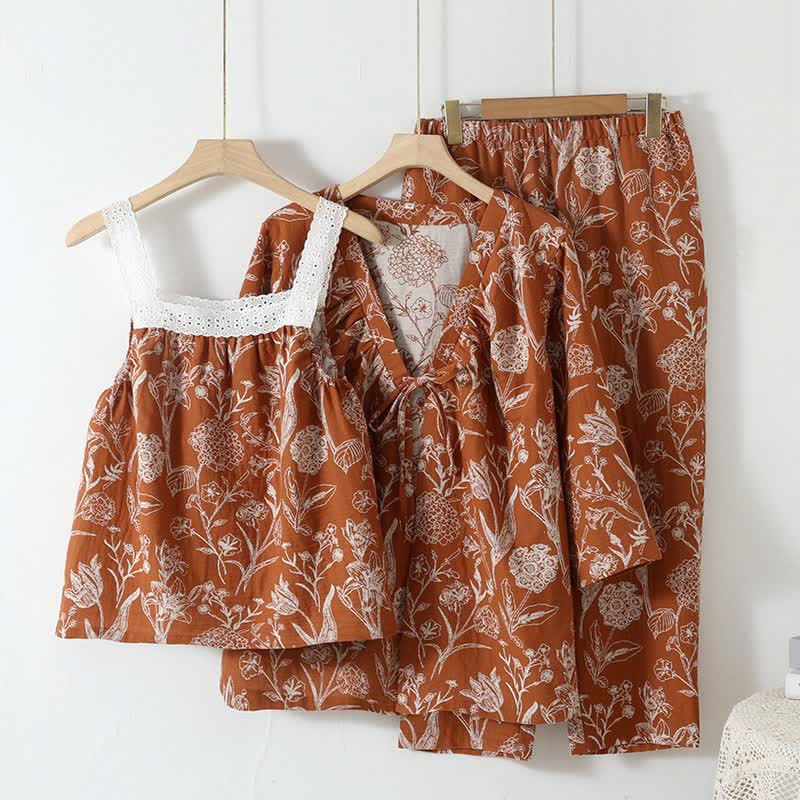 Floral Pure Cotton 3-Piece Pajama Set - Orange - L - image 0