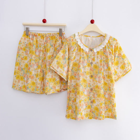 Cottagecore Floral Bunny Cotton Sleepwear Set - Yellow - Top & Shorts - XL - image 0