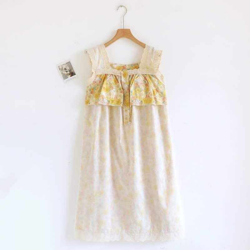 Yellow Floral Lace Trim Cotton Nightgown - image 9