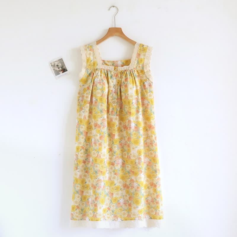 Yellow Floral Lace Trim Cotton Nightgown - Yellow - XL - image 0