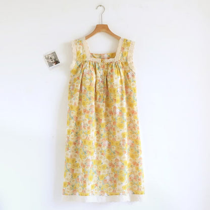 Yellow Floral Lace Trim Cotton Nightgown - Yellow - XL - image 0