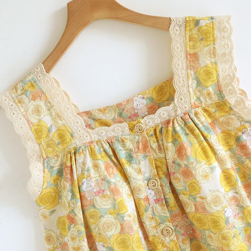 Yellow Floral Lace Trim Cotton Nightgown - image 3