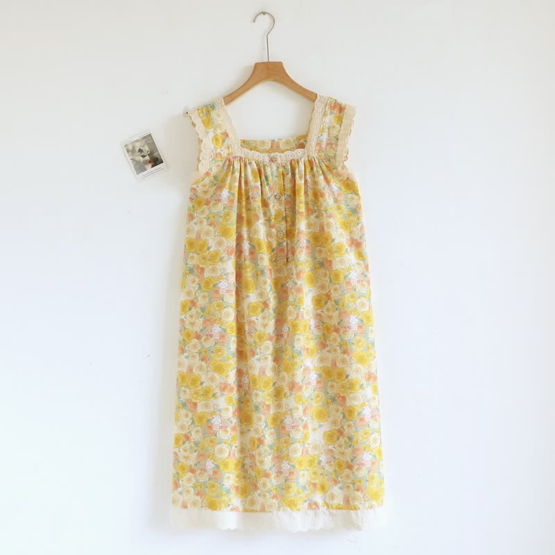 Yellow Floral Lace Trim Cotton Nightgown - image 2