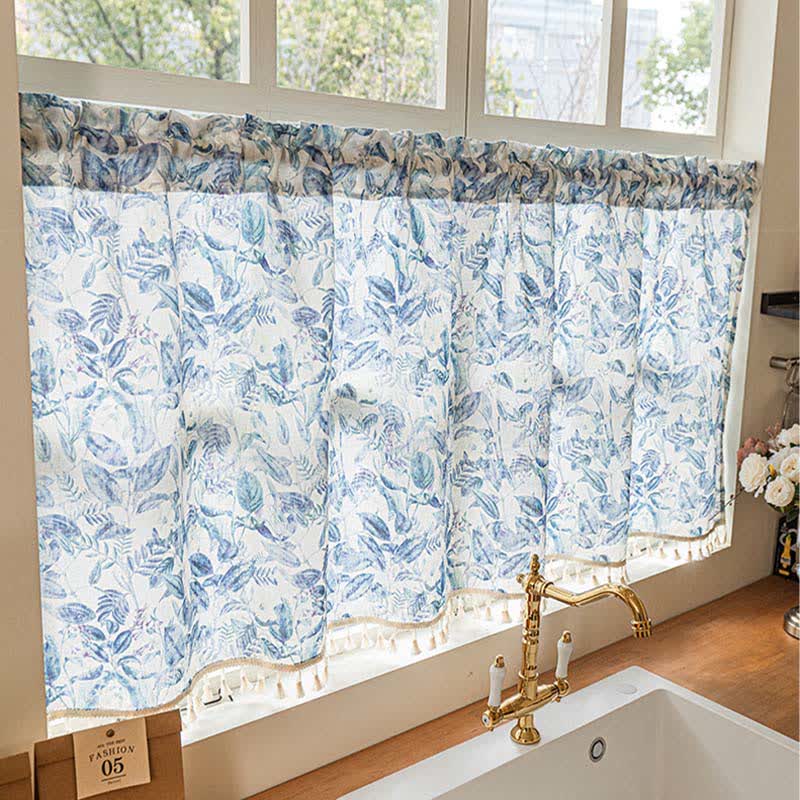Botanical Linen Kitchen Curtain with Tassels - image 3