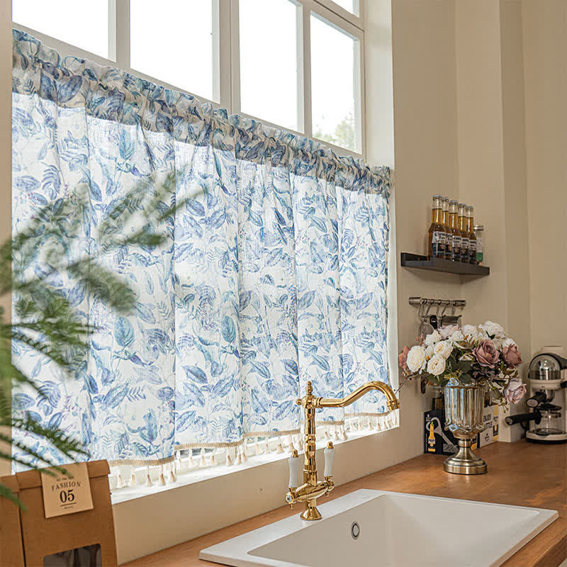 Botanical Linen Kitchen Curtain with Tassels - image 1