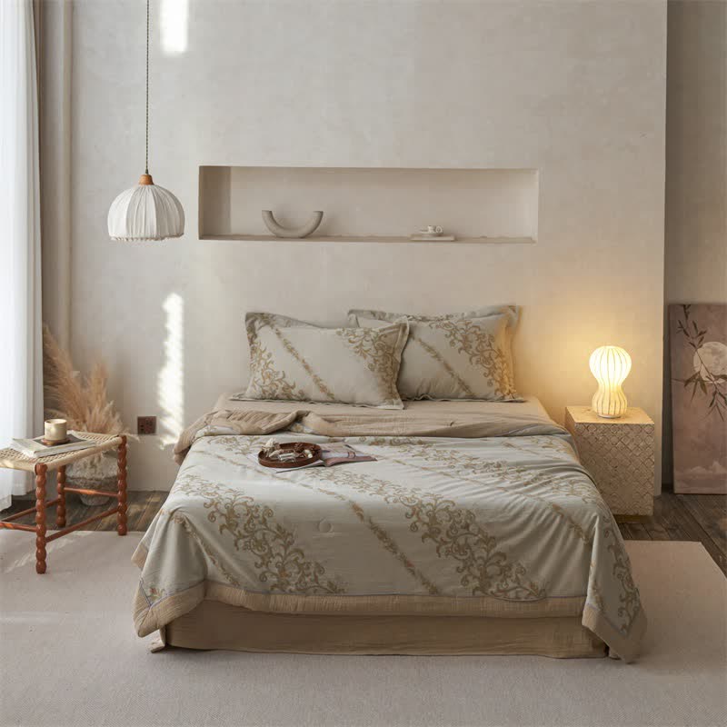 Cotton Gauze Jacquard Ornate Traditional Bedding - Yellow - Bedding Set - King - image 15