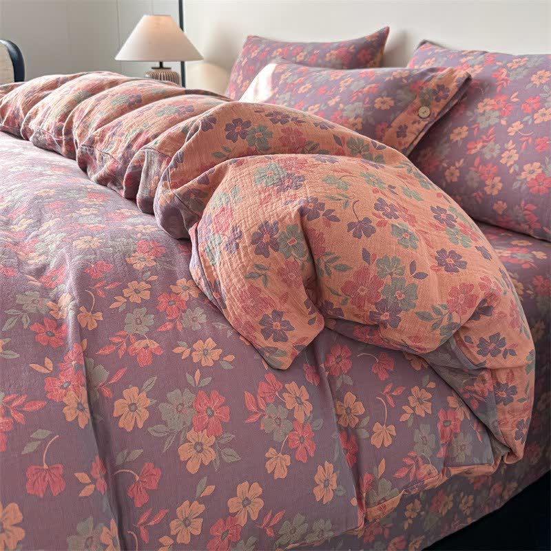 Pastoral Floral Pure Cotton Gauze Bedding(4PCS) - Purple - King - image 4