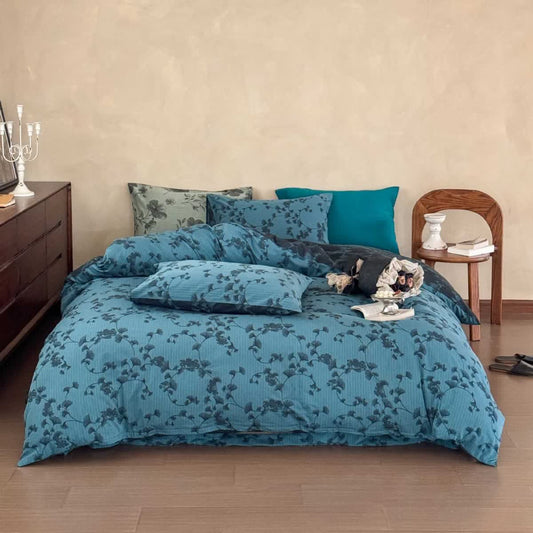 Vintage Ginkgo Leaf Pure Cotton Bedding(4PCS) - Blue - King - image 0