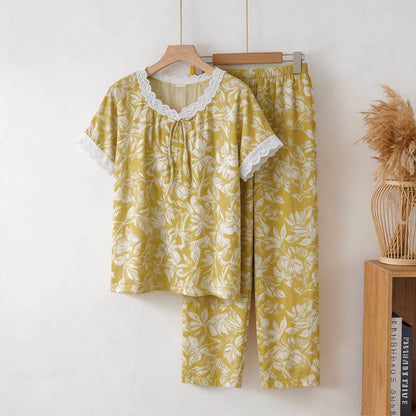 Botanical Cotton Lace Trim Loungewear Set - Yellow - 3XL - image 0