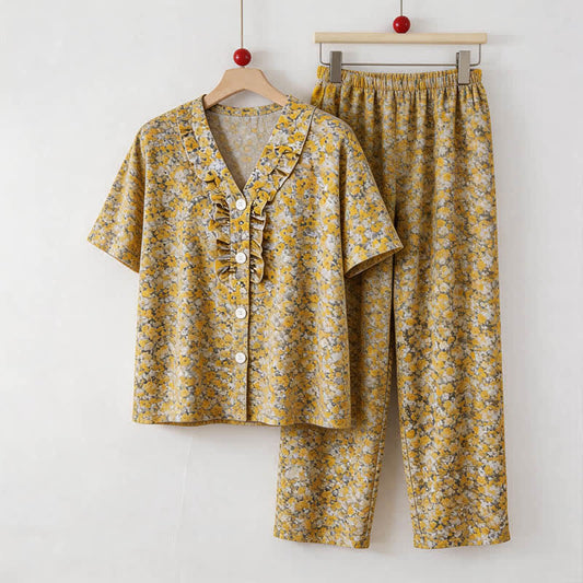 Yellow Floral Cotton Ruffle Loungewear Set - Yellow - 5XL - image 0