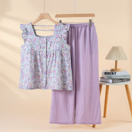 Floral Cotton Gauze Ruffle Loungewear Set - Purple - XL - image 0