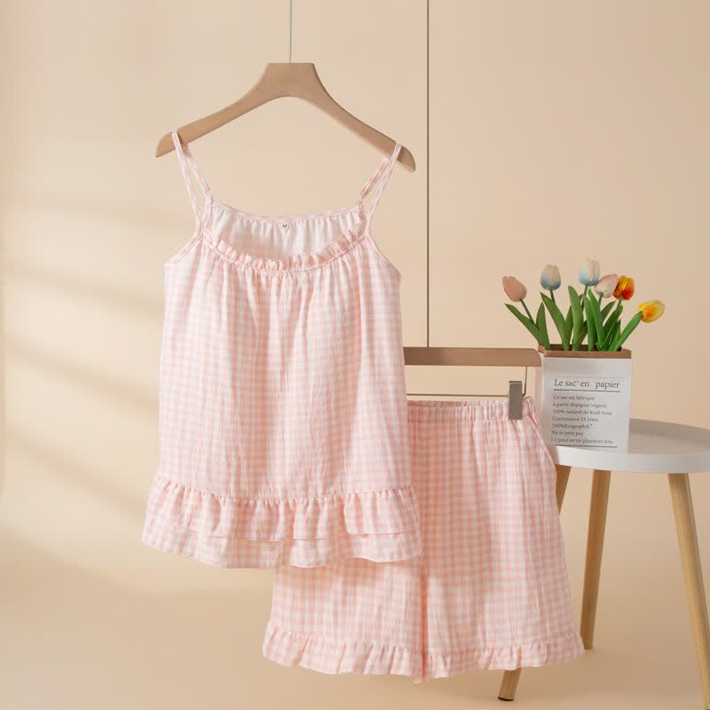 Soft Gingham Cotton Ruffle Loungewear Set - Pink - XL - image 0