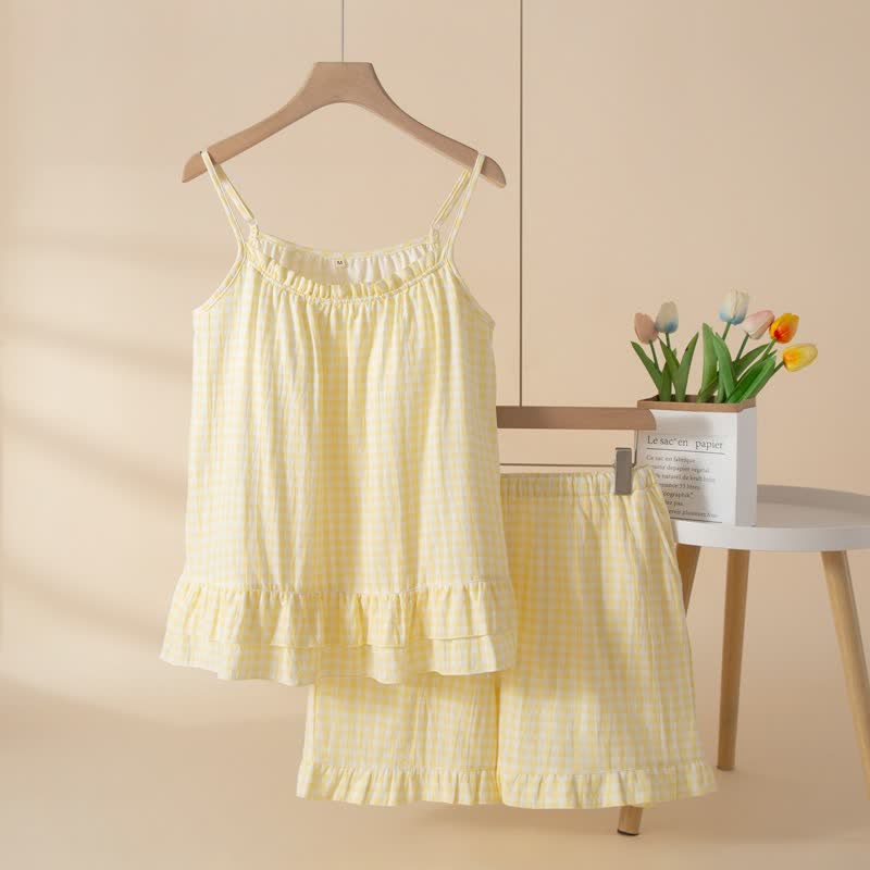Soft Gingham Cotton Ruffle Loungewear Set - Yellow - XL - image 9