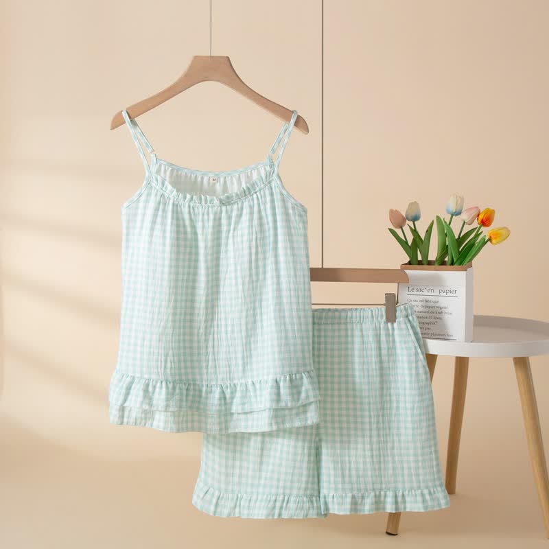 Soft Gingham Cotton Ruffle Loungewear Set - Green - XL - image 7