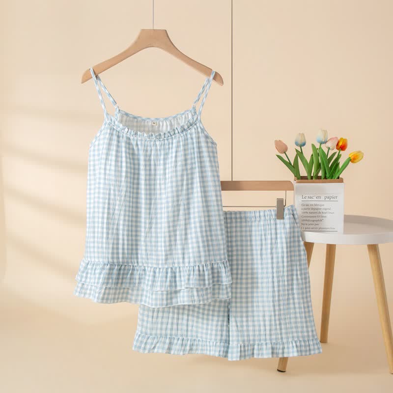 Soft Gingham Cotton Ruffle Loungewear Set - Blue - XL - image 6
