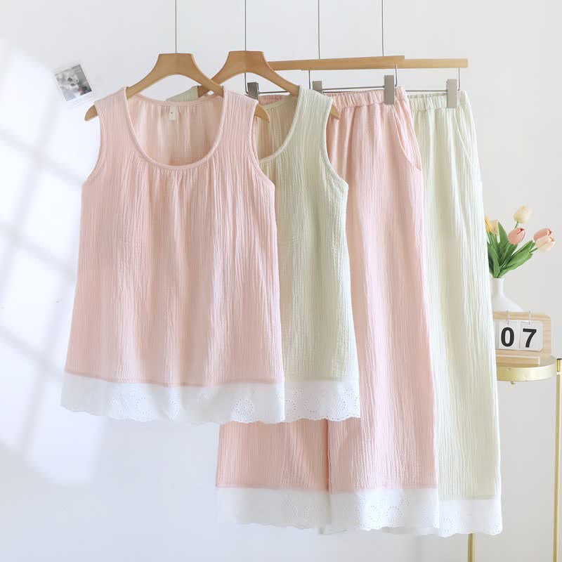 Solid Cotton Gauze Lace Loungewear Set - Pink - XXL - image 0